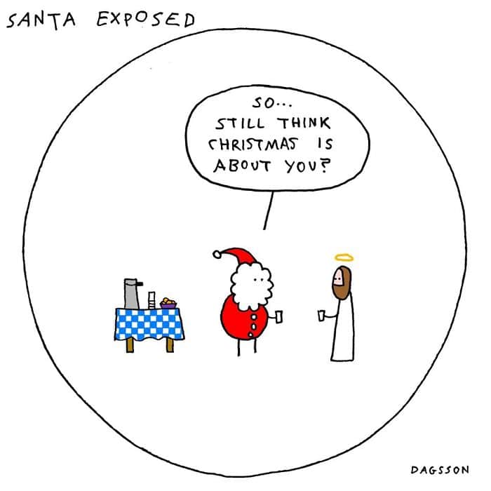 Santa and another character discuss the true meaning of Christmas in a funny comic illustration. Santa and another character discuss the true meaning of Christmas in a funny comic illustration.